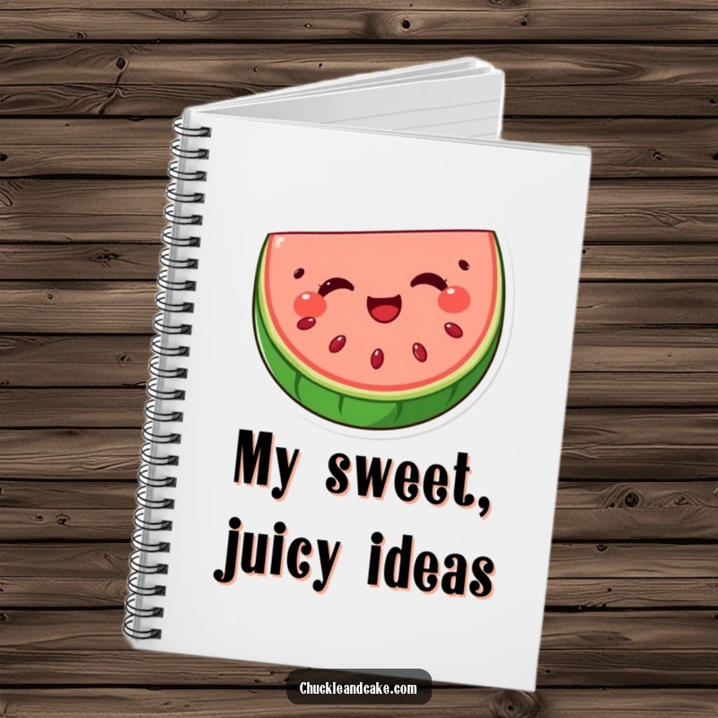 Funny watermelon slice notebook with seeds winking, a charming stationery item for jotting notes with a cheerful and humorous fruit design.