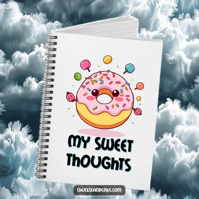 Funny notebook cover featuring a joyful donut with sprinkles, juggling colorful candies, perfect for jotting down thoughts with edible humor.