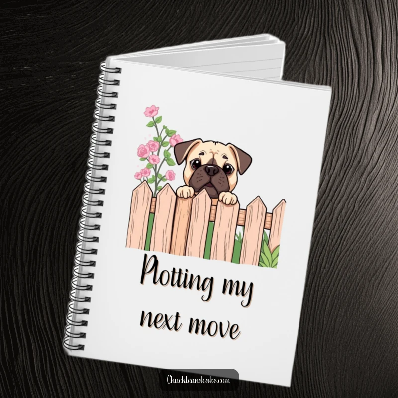 Funny Bullmastiff notebook featuring a dog peeking over a garden fence, ideal for jotting down curious thoughts.