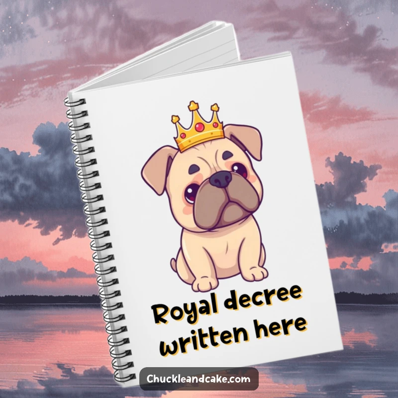 Funny Bullmastiff crown notebook for jotting down notes, featuring a proud dog in regal attire for humorous inspiration.