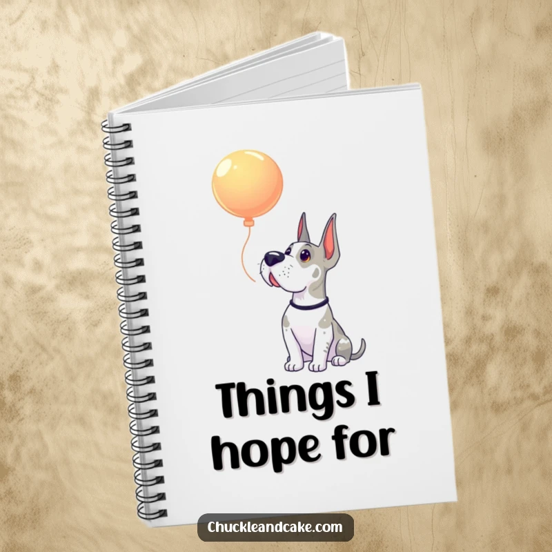 Funny Grand Dane notebook showing a dog looking up with pure, childlike wonder at a solitary, floating balloon.