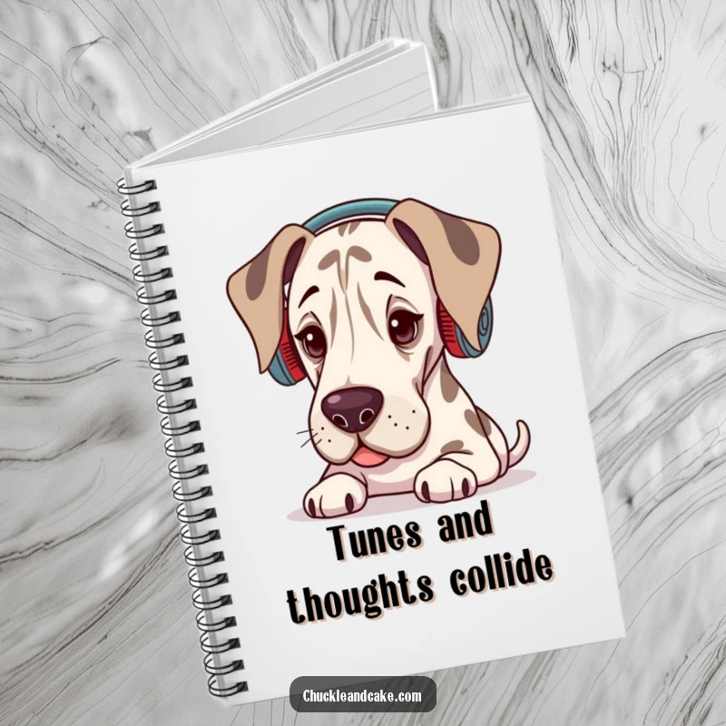Funny Grand Dane notebook showing a dog wearing ear warmers, eyes closed, absorbed in listening to music.