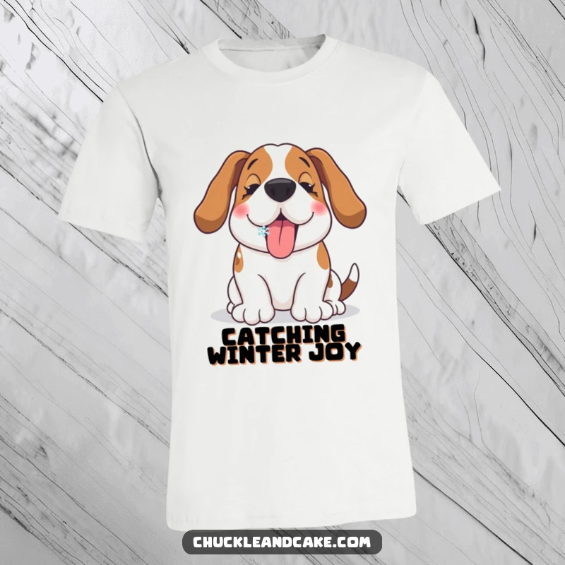 Funny Basset Hound t-shirt showing a happy hound catching a snowflake on its tongue with visible delight and glee.