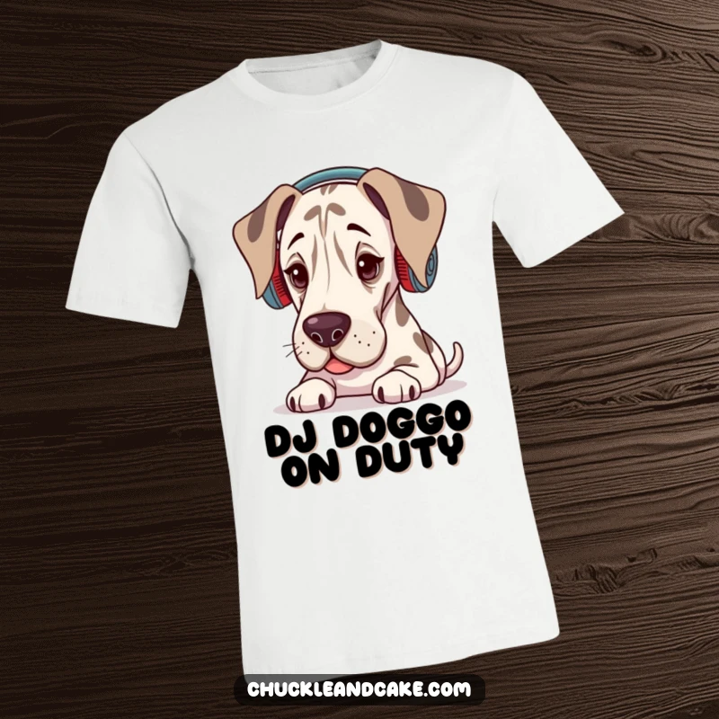 Funny Grand Dane t-shirt featuring a dog wearing ear warmers, head slightly tilted, enjoying music.