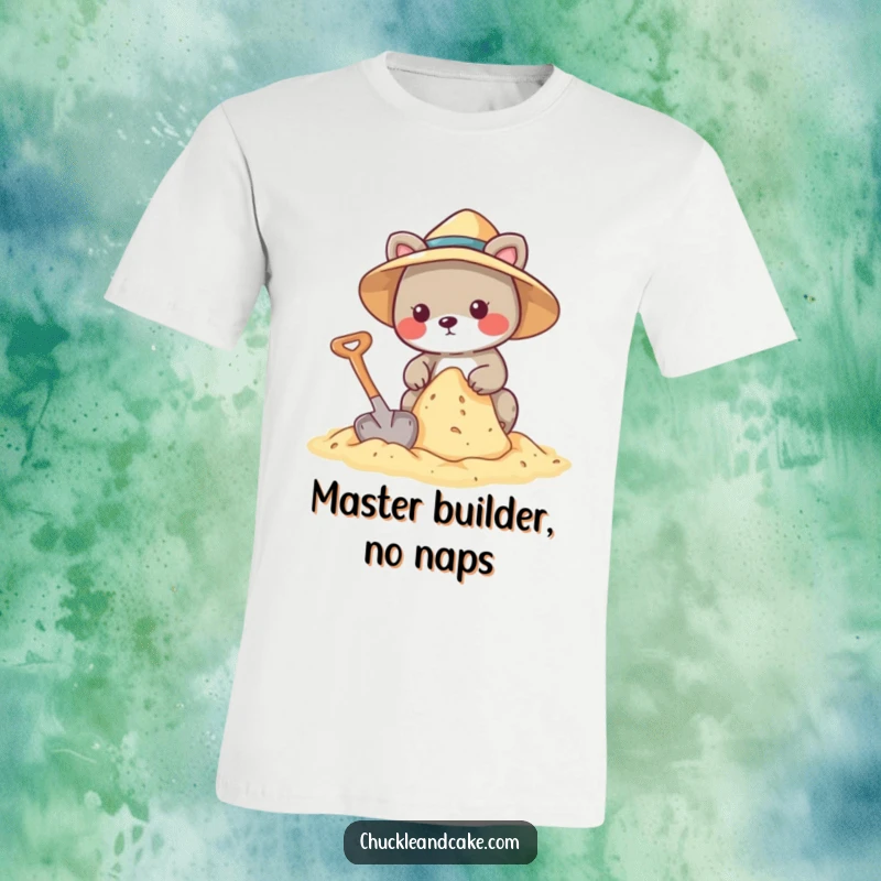 Funny t-shirt with an animal wearing a sun hat, happily building a sandcastle with a shovel.
