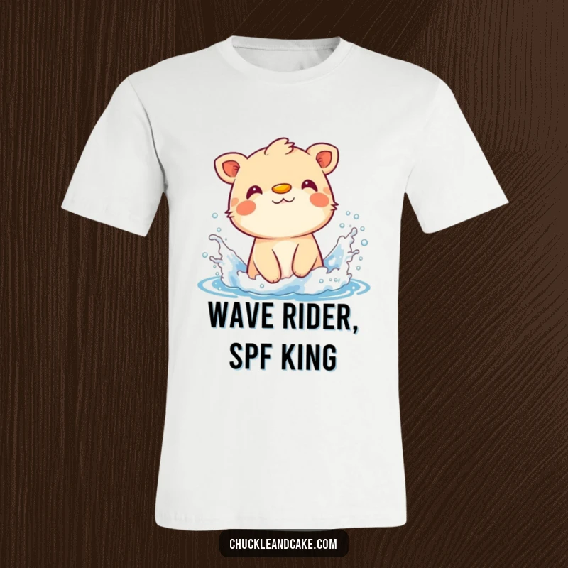 Funny t-shirt depicting a playful animal with sunscreen on its nose, splashing gleefully in ocean waves.