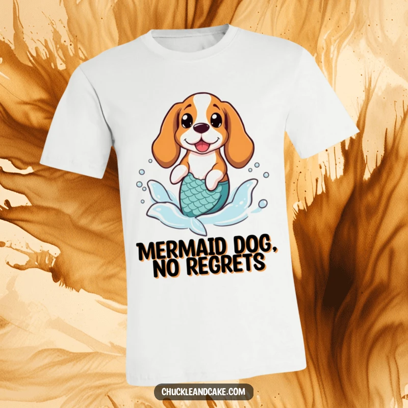 Funny Basset Hound wearing a mermaid tail, splashing joyfully in gentle waves, featured on a fun t-shirt.