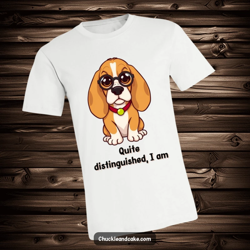 Funny Basset Hound t-shirt, droopy-eared dog wearing a monocle, looking majestic and humorous, a stylish and witty design.