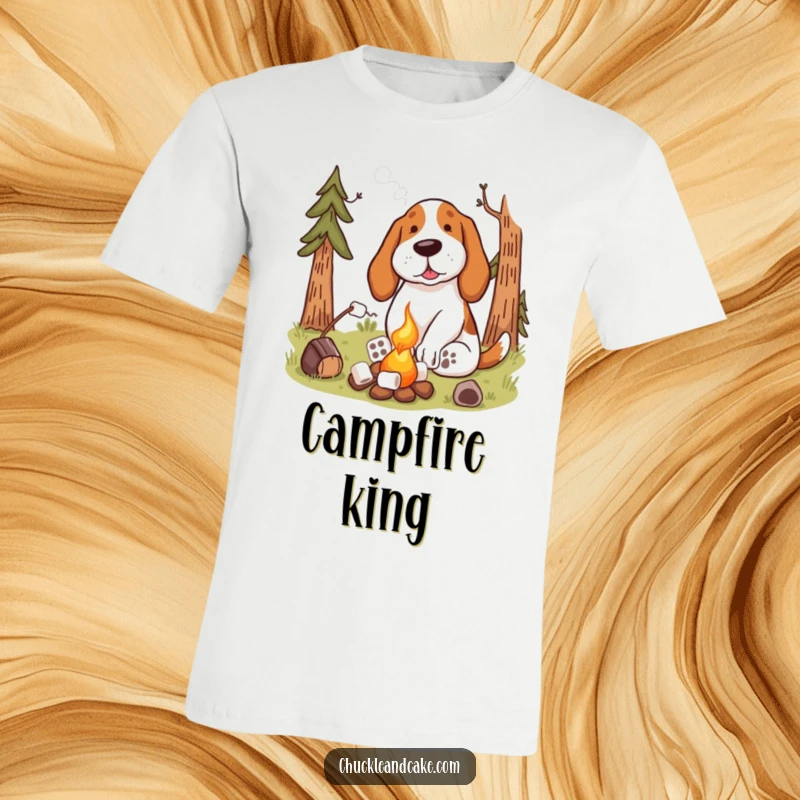 Funny Basset Hound T-Shirt sitting by a campfire and toasting marshmallows, ideal for campers and dog enthusiasts.