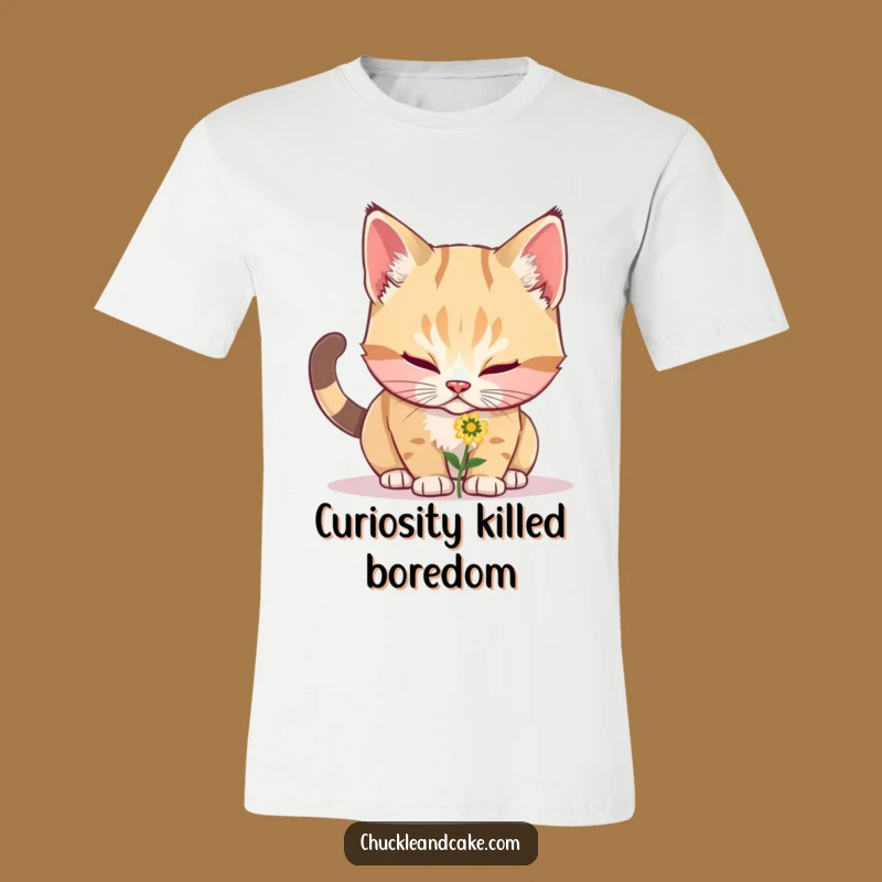 Funny Bobtail Cat Sniffing Flower T-Shirt - Hilarious Pet Tee for Humor Lovers