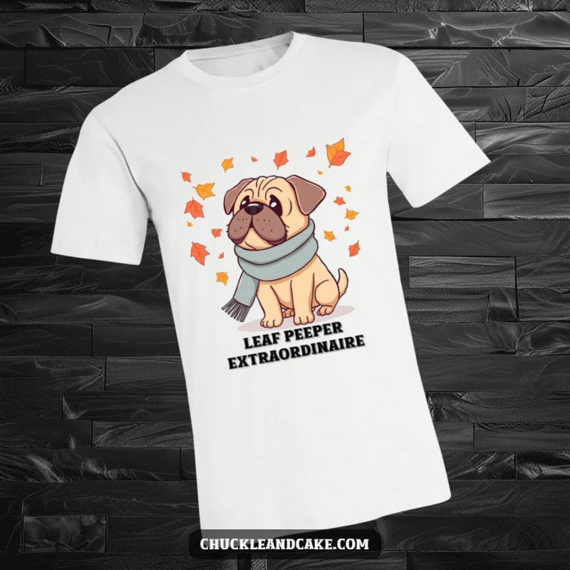 Funny t-shirt showcasing a Bullmastiff dog sporting a scarf, gazing thoughtfully at falling leaves during autumn.