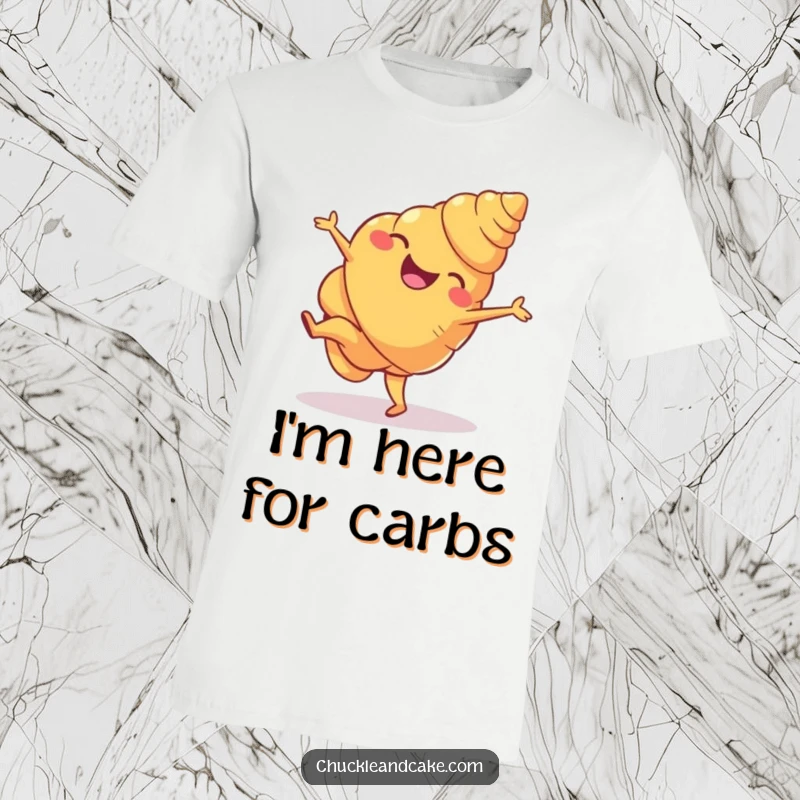 Funny croissant t-shirt featuring a gleeful croissant mid-cartwheel, showcasing its French-inspired athleticism and joyful spirit.