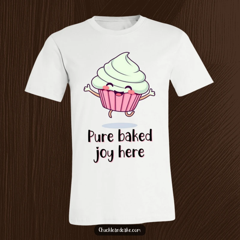 Funny T-Shirt: A smiling cupcake with legs caught mid-jump, showcasing ecstatic joy and playful energy.