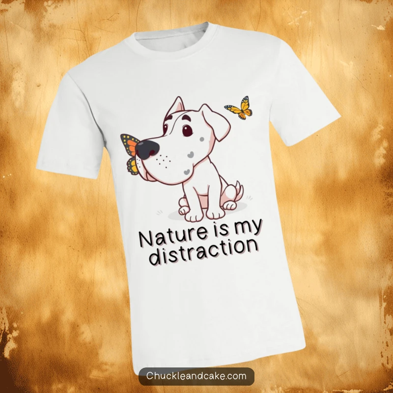 Funny Grand Dane t-shirt depicting a dog looking with mild curiosity at a small, fluttering butterfly passing nearby.
