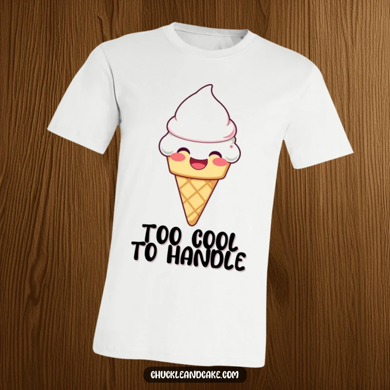 Funny laughing ice cream cone with frosting melting slightly on a t-shirt, a cool and humorous summer vibe.
