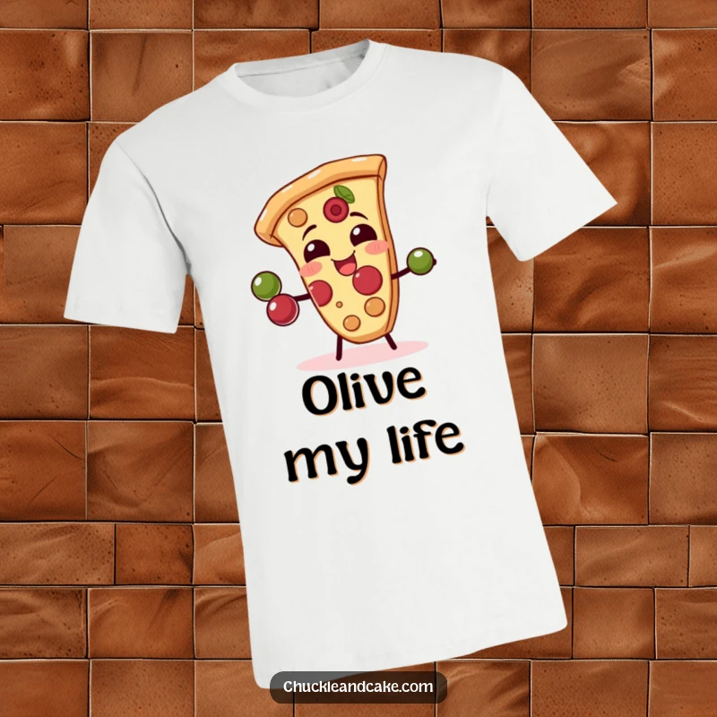 Funny t-shirt depicting a giggling pizza slice expertly juggling olives, a humorous and tasty design for casual wear.