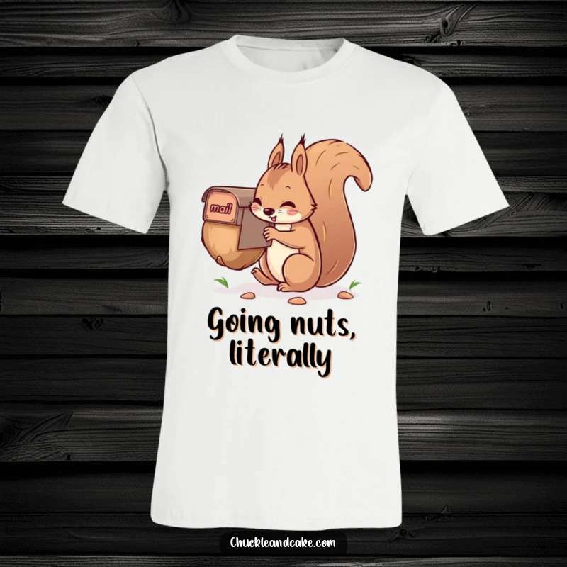 Funny squirrel t-shirt, comically struggling to mail a huge nut, showcasing determination and a funny, intense look.