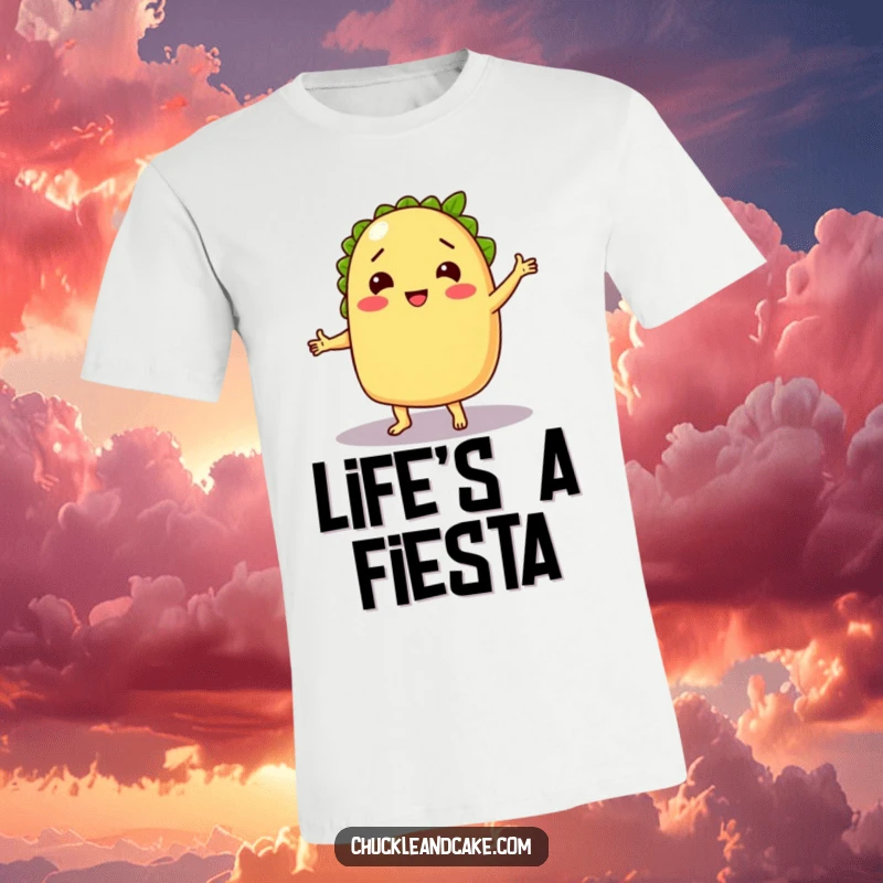 Funny t-shirt depicting a chuckling taco dancing with a lime partner, celebrating food and fun with vibrant energy.