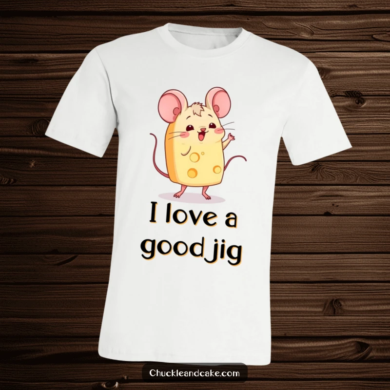 Funny slice of cheese with mice ears wiggling and doing a jig, a t-shirt design celebrating quirky food-based dance moves.