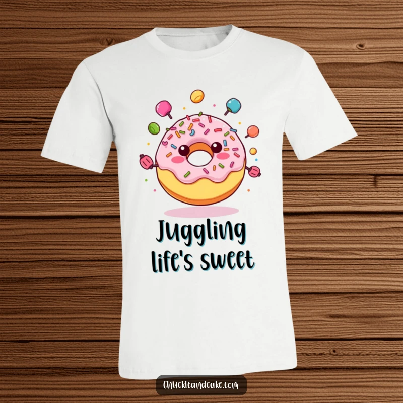 Funny t-shirt design of a joyful donut with sprinkles, skillfully juggling colorful candies, radiating pure, sweet delight.