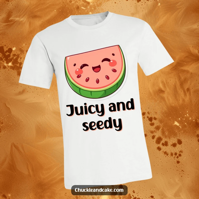 Funny watermelon slice t-shirt with seeds winking, showcasing a delighted and cheerful fruit character ready to bring smiles and laughter.