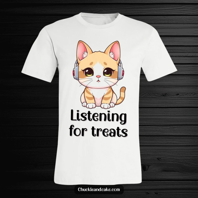 Funny T-shirt with a Bobtail cat wearing small ear warmers, attentively listening, embodying focused attention and feline curiosity.
