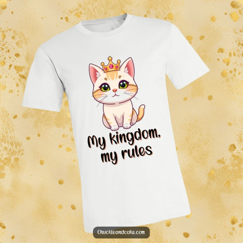 Funny T-shirt depicting a Bobtail cat wearing a small crown, looking regal and dignified, symbolizing feline authority and elegance.