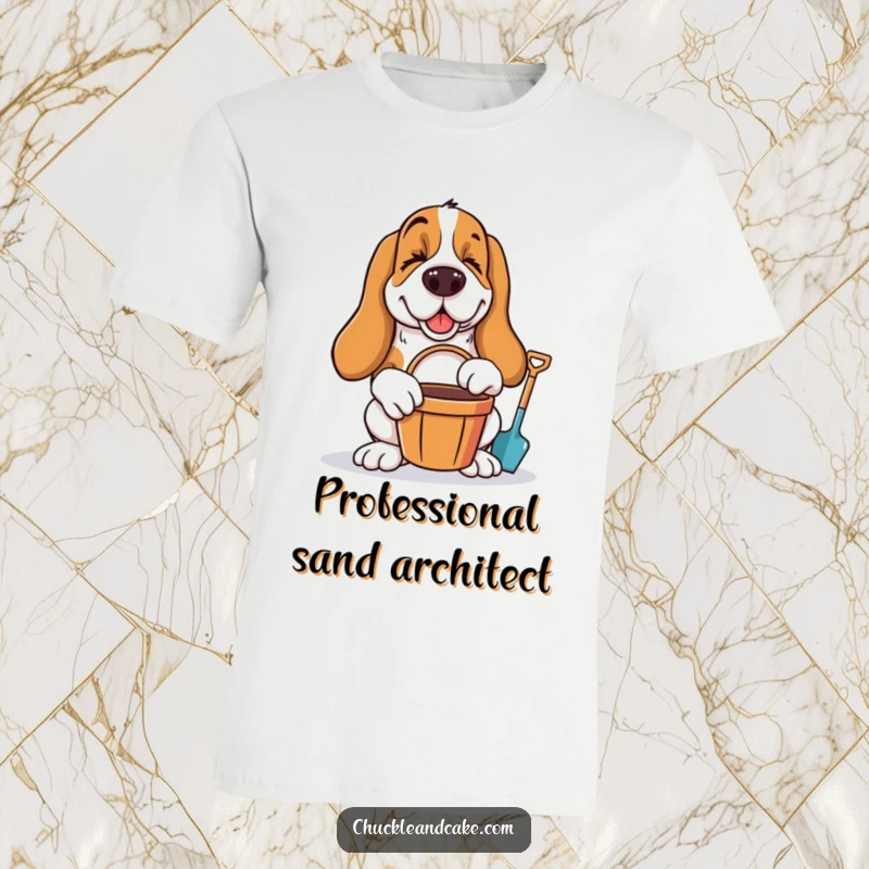 Funny Basset Hound winking with bucket and spade, dressed for beach fun on a comfortable t-shirt.