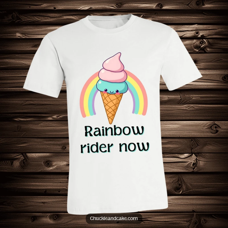 Funny T-Shirt: A cheerful ice cream cone gracefully slides down a colorful rainbow, symbolizing sweet adventures.