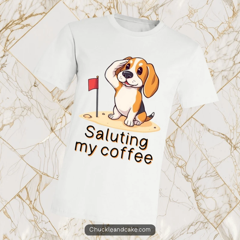 Funny Basset Hound saluting with a small flag on the sand, embodying patriotism on a comfortable t-shirt.