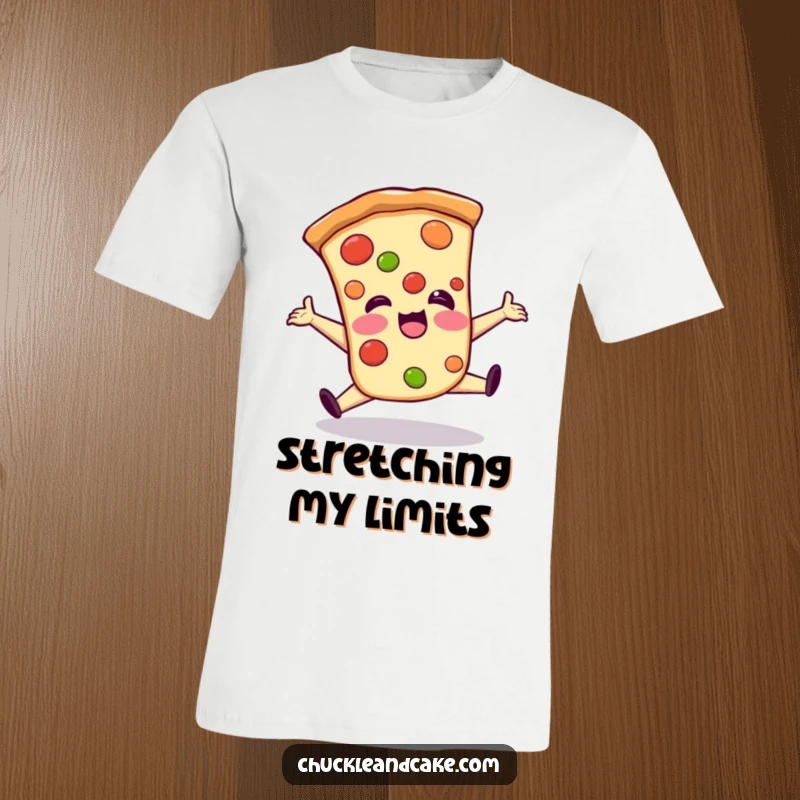 Funny t-shirt design of a giggling pizza slice executing a hilariously clumsy split, full of cheesy, comical energy.