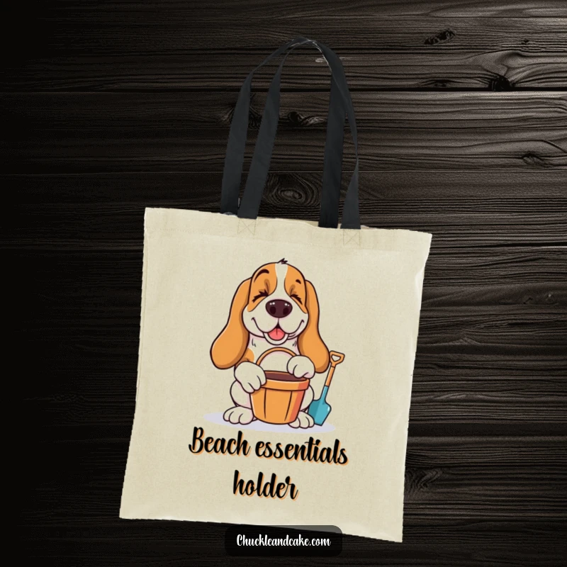Funny Basset Hound winking with bucket and spade, ready for beach fun, printed on a durable tote bag.