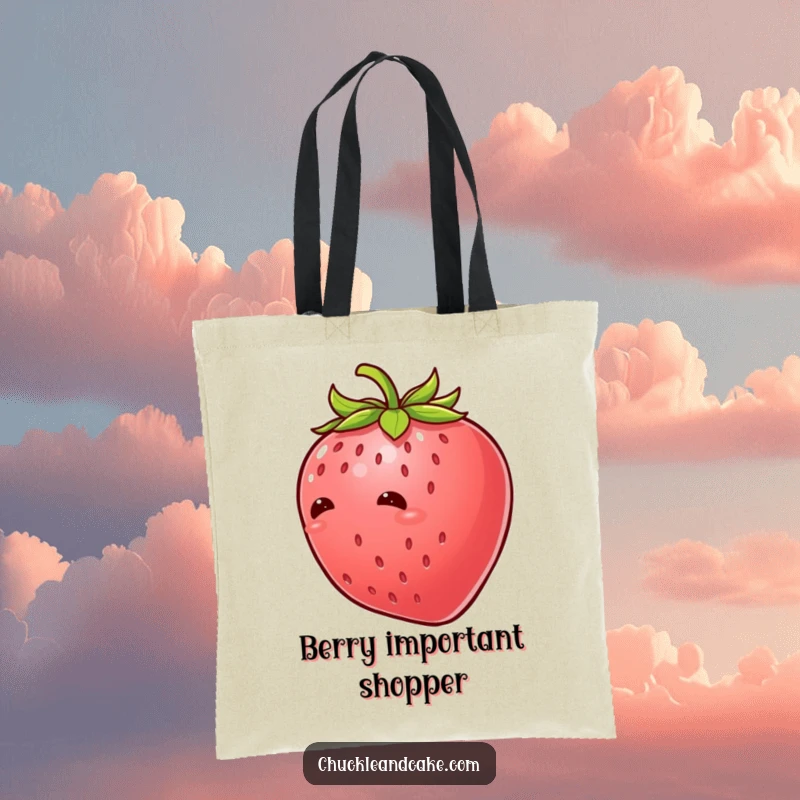 Funny strawberry with leaves giggling uncontrollably, a tote bag design featuring a tickled fruit character spreading laughter and cheer.