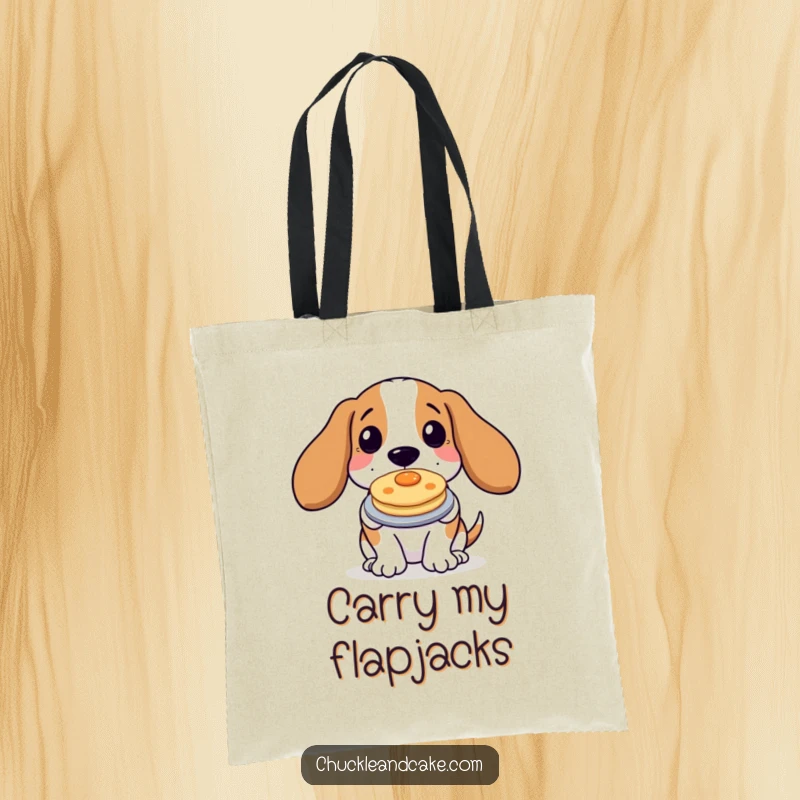 Funny Basset Hound Tote Bag featuring a dog proudly holding a mini pancake, ideal for shoppers and dog moms.