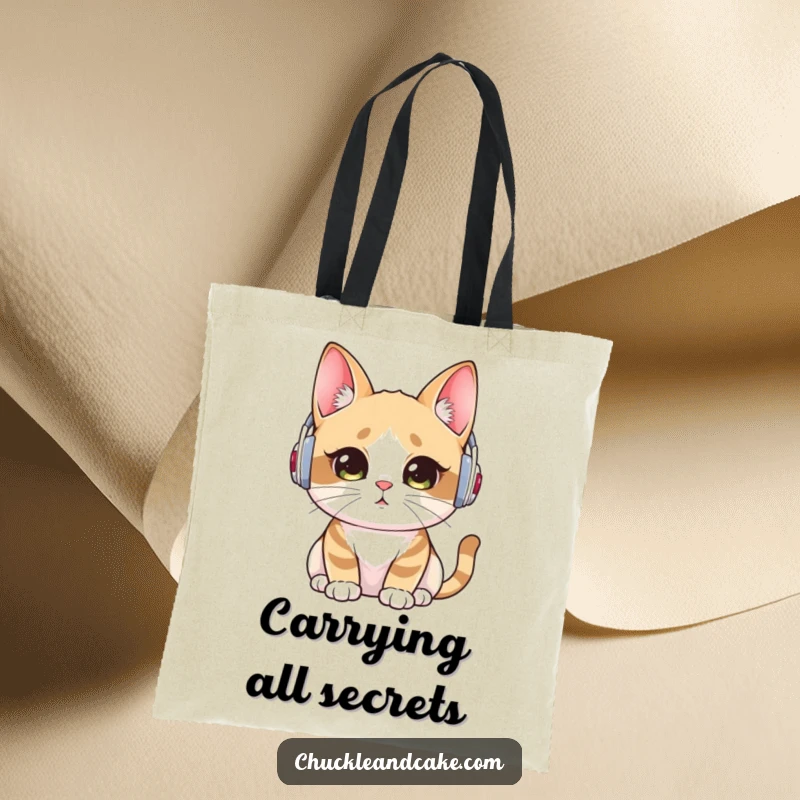 Funny tote bag with a Bobtail cat wearing ear warmers, listening intently, perfect for carrying necessities with style and focus.