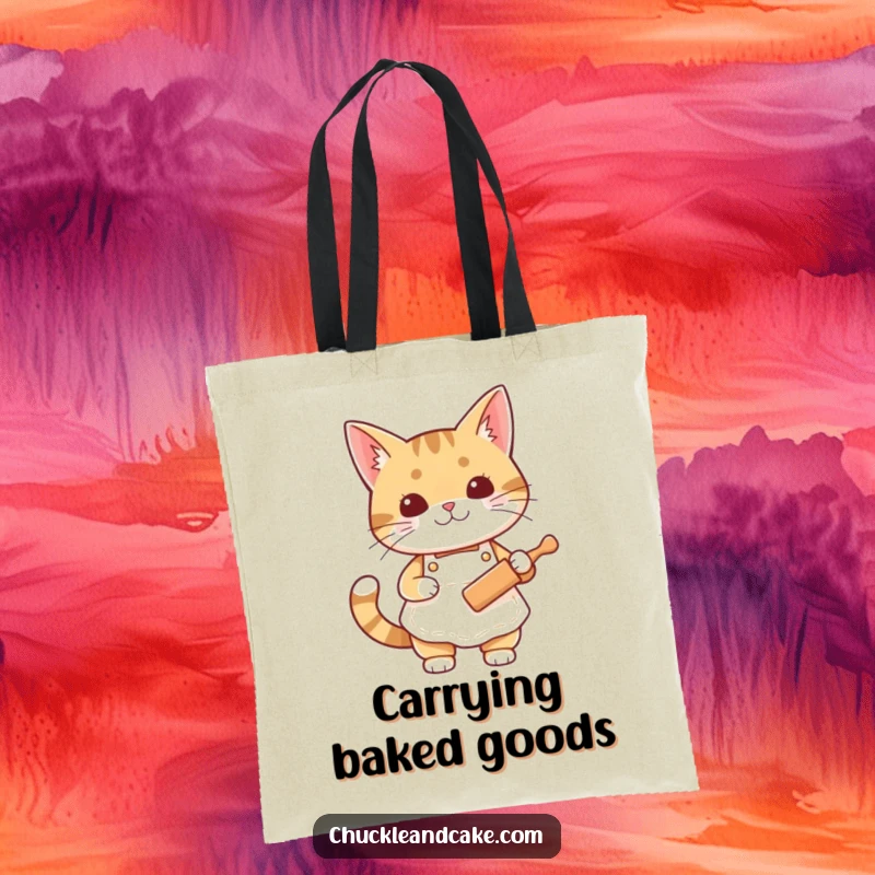 Funny Bobtail cat tote bag showing a cat in an apron holding a rolling pin, perfect for bakery trips.