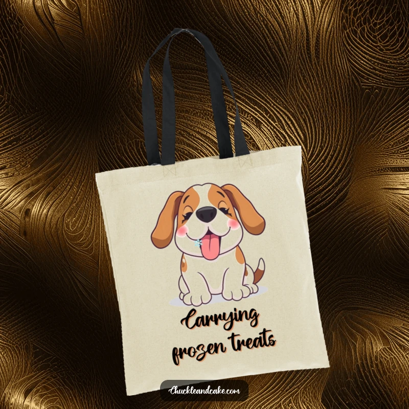 Funny Basset Hound tote bag with a delighted dog catching a snowflake on its tongue, great for carrying groceries and smiles.