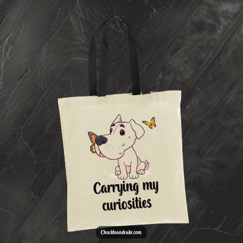 Funny Grand Dane tote bag illustrating a dog's attentive and curious gaze directed at a small, fluttering butterfly.
