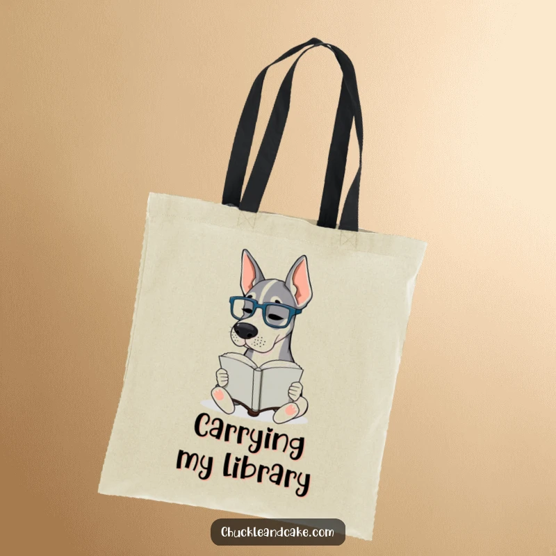 Funny Grand Dane Glasses Tote Bag: A Grand Dane with tiny glasses intently reads a book, perfect for carrying literary finds.