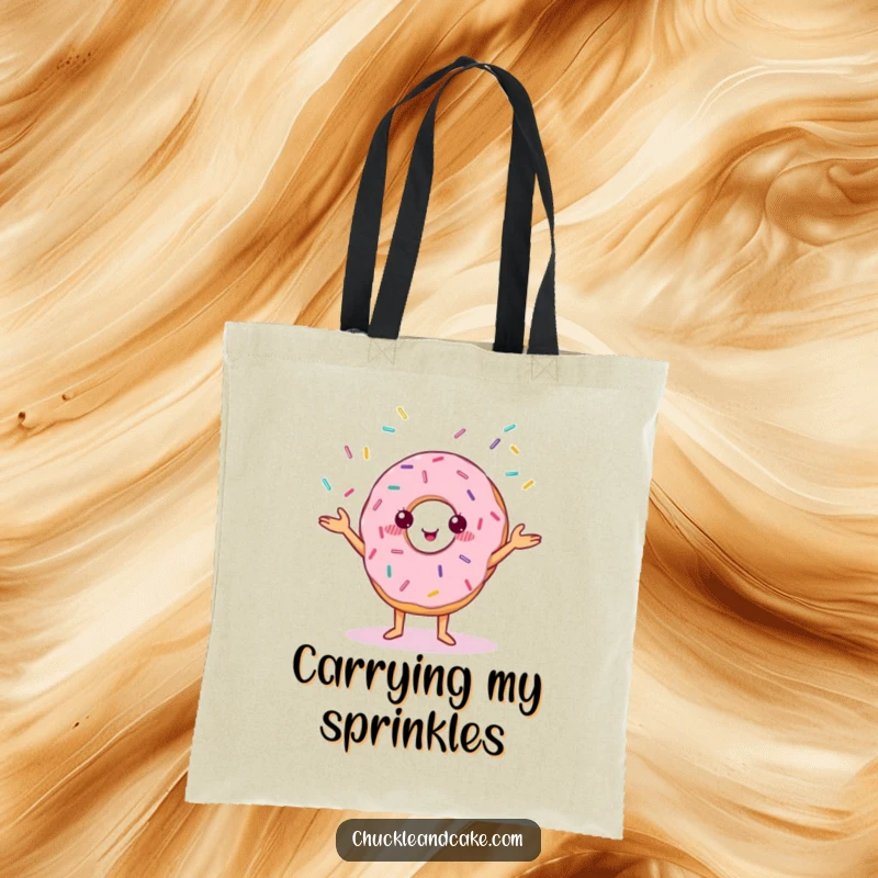 Funny tote bag featuring a cheerful, anthropomorphic donut with small eyes juggling sprinkles.