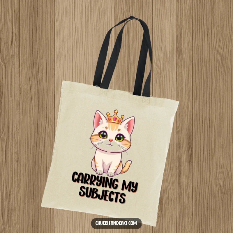 Funny tote bag with a Bobtail cat wearing a small crown, looking regal, perfect for carrying essentials like a monarch.