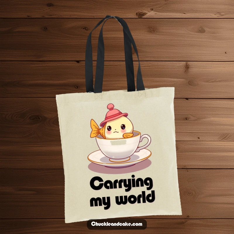 Funny bewildered fish wearing a hat floating in a teacup on a tote bag, great for humorous and whimsical carrying.