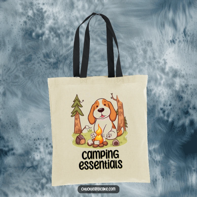 Funny Basset Hound Tote Bag by a campfire toasting marshmallows, great for carrying supplies on outdoor trips.
