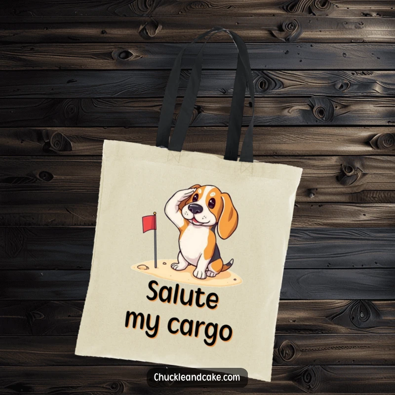 Funny Basset Hound saluting with a small flag on the sand, ready to serve, printed on a durable tote bag.