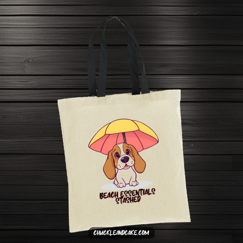 Funny Basset Hound Tote Bag: A Basset Hound peeking from behind a beach umbrella, perfect for beach days and everyday humor.