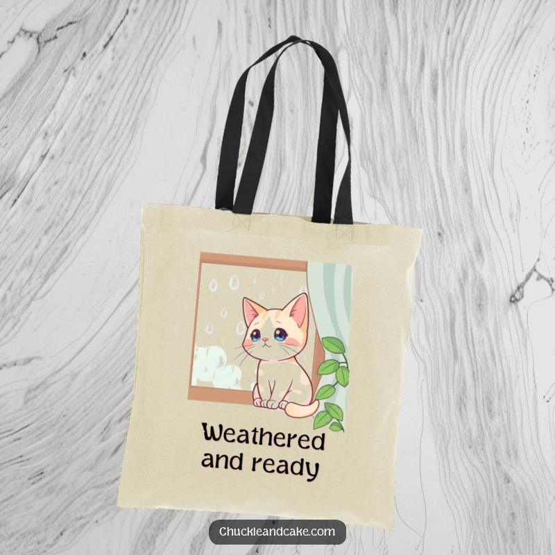 Funny tote bag with a Bobtail cat sitting by a window, watching raindrops, perfect for carrying necessities with a peaceful vibe.