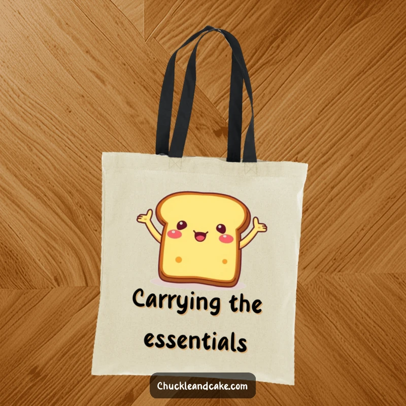 Funny tote bag featuring a piece of bread with arms flailing excitedly, perfect for carrying daily items with zest.