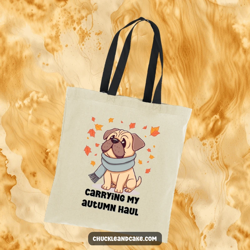Funny tote bag with a Bullmastiff dog in a scarf, watching falling leaves, ideal for stylish autumn outings.