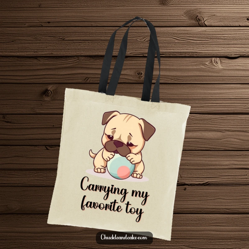 Funny tote bag with a Bullmastiff dog gently nudging a bouncing ball, perfect for carrying play essentials.