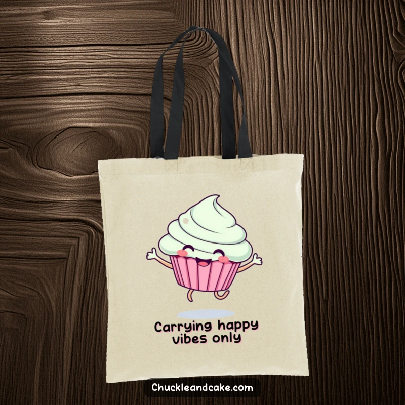 Funny tote bag featuring a smiling cupcake with legs in a joyful, energetic jump, perfect for carrying daily items.